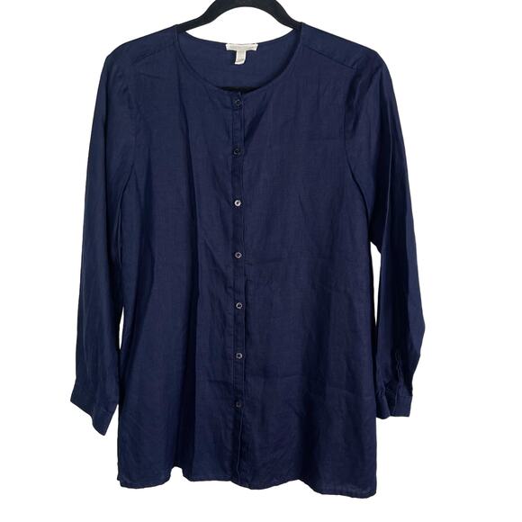 Eileen Fisher PS Petite Small Blue Organic Linen Button Front Blouse Crew Neck - Picture 1 of 8